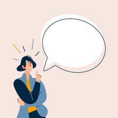 woman talking and points her finger at bubble speech above her. flat cartoon illustration.