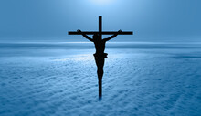 Jesus On The Cross Over The Clouds With Full Moon Rising