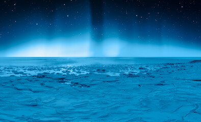 Wall Mural - cracks on the surface of the blue ice in winter with frozen sea - northern lights in the sky over tr