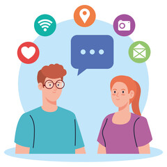 Wall Mural - social network, young couple with social media icons vector illustration design