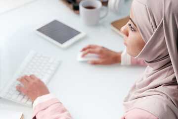 Poster - Focused young Muslim businesswoman in traditional hijab sitting at table and using computer