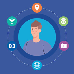 Poster - social network, young man and social media icons, global communication concept vector illustration design