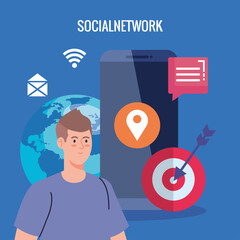 Poster - social network, man with smartphone, communicate and global concept vector illustration design