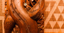 Carved Panels Inside Of Maori Meeting House In Waitangi, New Zealand