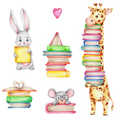 Set of cute cartoon girraffe, bunny and mouse with books and stacks of colored books; watercolor hand draw illustration; with white isolated background