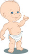Cartoon baby spokesperson wearing a diaper and posting with one hand gesturing or pointing.