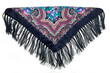 top view on folded pink cotton scarf with fringe and colorful floral ornament