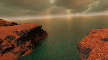 Wall Mural - jezero crater on ancient planet mars, liquid water in early martian landscape