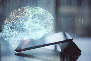 Leinwandbilder - Digital tablet with glowing brain and lines hologram.
