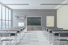Light Classroom Interior With Empty Chalkboard