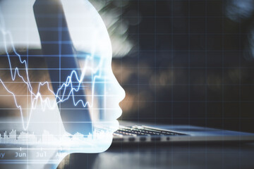 Poster - Laptop computer with glowing head with forex chart interface.