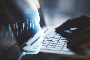 Poster - Hands using laptop with glowing head outline with forex chart interface.