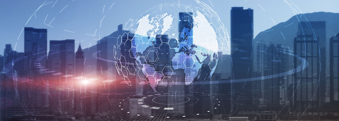 globe global business technology concept of modern city background. website header.