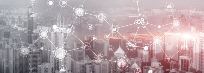 Wall Mural - business organizational structure innovation automation technology panoramic website header backgrou