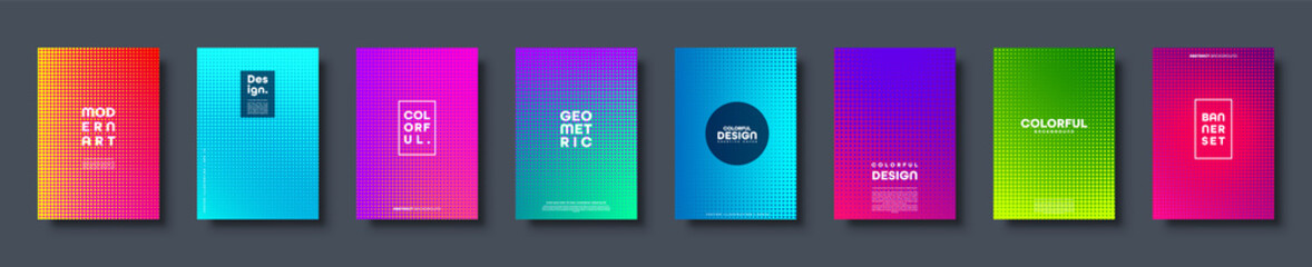 Halftone abstract background with dots. Colorful gradient design. Modern geometric banners with circles. Pop art. Vector illustration.