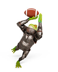 lord frog is playing american football in white background