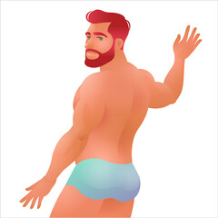 Man in swimsuit on white background. Gorgeous red hair male taking part in PRIDE events. LGBT Vector illustration.