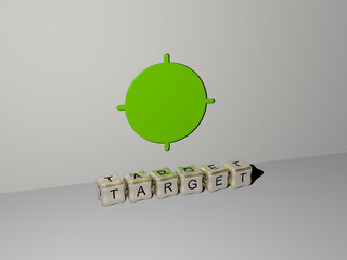 Fototapete - TARGET 3D icon on the wall and cubic letters on the floor. 3D illustration. business and concept