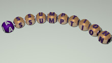 ASSUMPTION Curved Text Of Cubic Dice Letters. 3D Illustration. Church And Cathedral