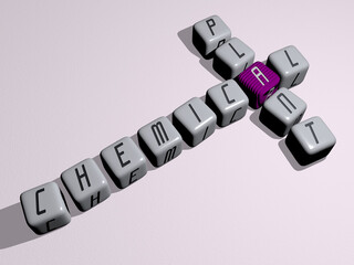 Poster - chemical plant crossword by cubic dice letters. 3D illustration. background and chemistry