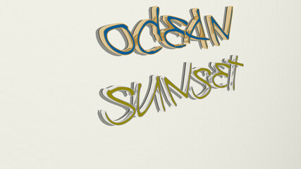 Fototapete - OCEAN SUNSET text on the wall. 3D illustration. beach and blue