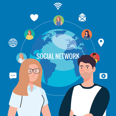 Sticker - social media network, people connected for digital, interactive, communicate and global concept vector illustration design