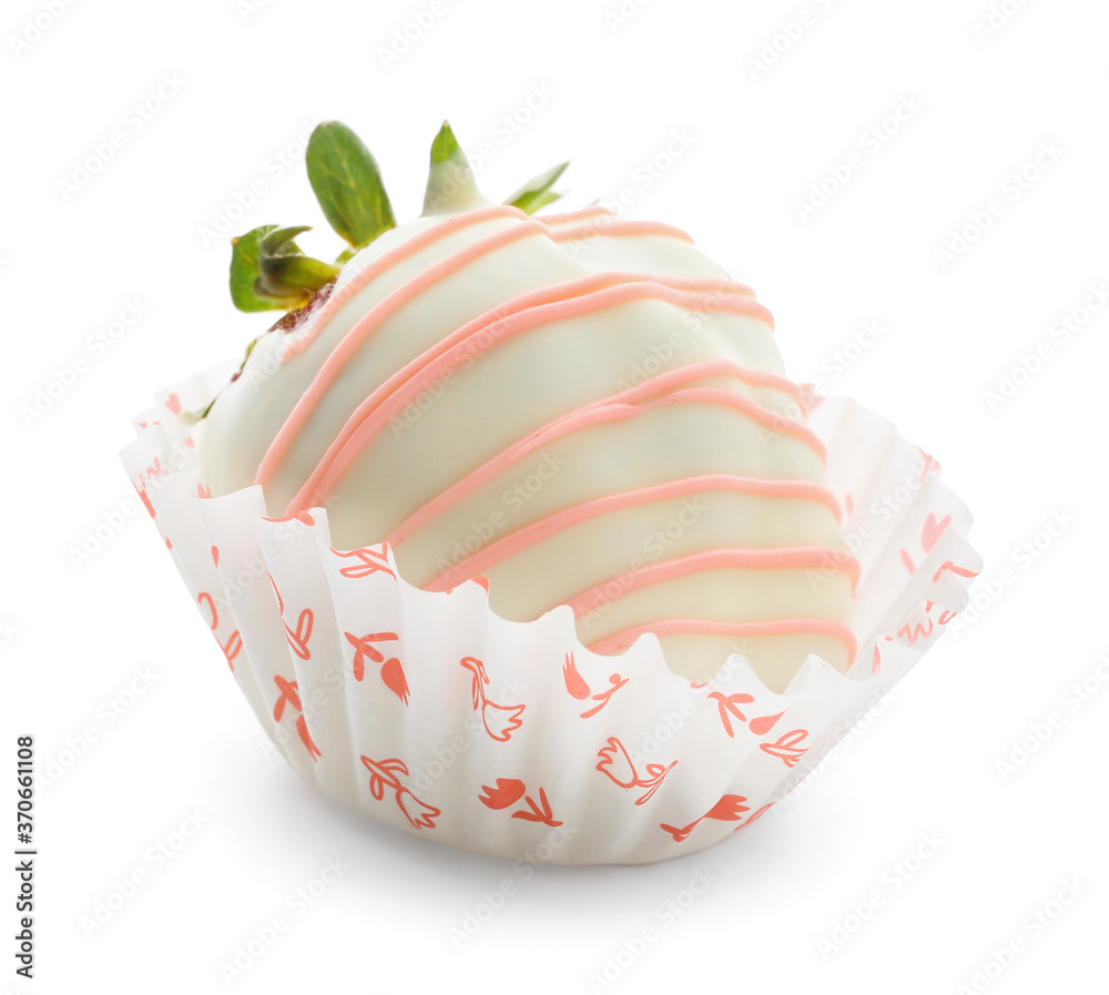 Tasty strawberry dipped in chocolate on white background