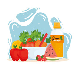 Wall Mural - healthy food, fruits and vegetables in bowl with bottle juice vector illustration design