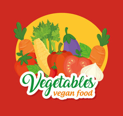 Sticker - banner with vegetables, concept vegetables and vegan food, with set of vegetables vector illustration design