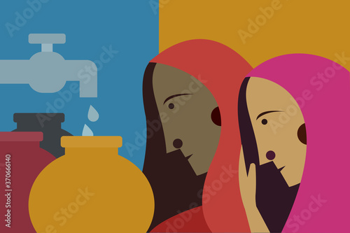Cuadros en Lienzo Indian women wearing sari fetching water from a tap