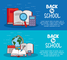 Poster - banners of back to school with supplies education icons vector illustration design