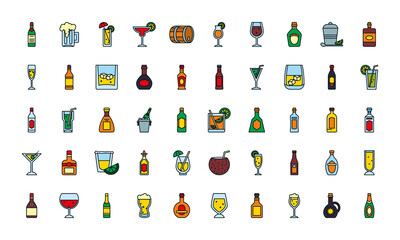 Sticker - liquors icon set, line and fill style