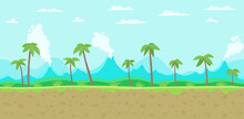 Jungle Game Background. Parallax Ready Layers. Seamless Pattern Tileable. Landscape With A Palm Trees Tropics And Volcano. Unending Vector Flat Illustration. Horizontal Banner.