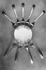 photo of a fork around a plate like an eye and eyelashes close-up on a gray background