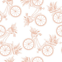 Seamless Vector Pattern With Bicycle, Floral Basket, Plants, Herbs, Branches, Isolated On White Background. Hand Drawn Vintage Background