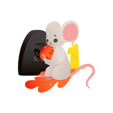 Halloween Card With Mouse At The Gravestone Flat Vector Illustration Isolated.