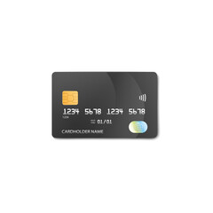 Black plastic credit or debit card mockup with fake number and cardholder name