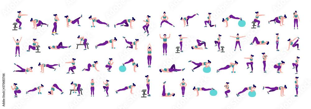 Women Workout Set. women exercise vector set. Women doing fitness and ...