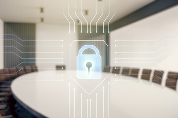 Poster - Virtual creative lock sketch with chip hologram on a modern boardroom background, protection of personal data concept. Multiexposure