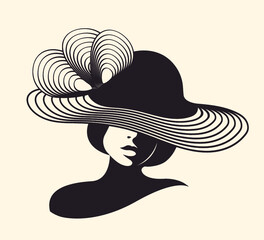 Woman with elegant makeup and hairstyle.Large brim sun hat.Fashion, style and beauty illustration.Young lady.Attractive female portrait.Front view face.Accessory design.