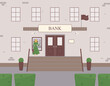 © tatiana77777 - Facade of the bank with girl standing near ATM. Entrance with classic brick porch with steps and surveillance cameras to financial institution.Modern landscape design. Raster illustration