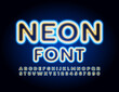 © Popskraft - Vector Neon Font. Glowing bright Alphabet Letters and Numbers.