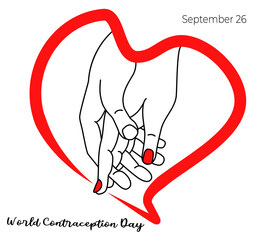 Holiday World Contraception Day. Hands inside the heart. Mans palm hugs the womans palm. Gestures - Tenderness, love and passion. Contour line drawing. Isolated over white background. Vector