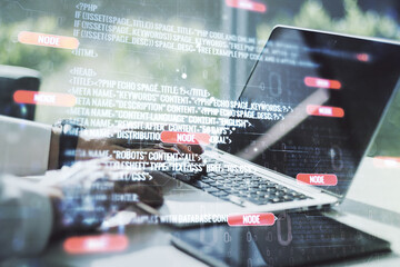Multi exposure of abstract graphic coding sketch with hands typing on computer keyboard on background, big data and networking concept
