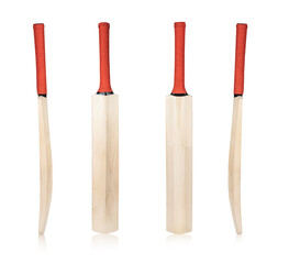 cricket bat isolated on white background, wooden cricket bat all angles studio shot cutout