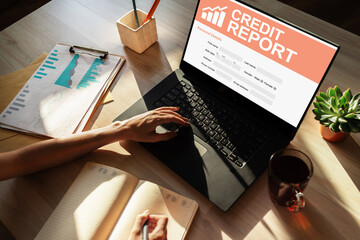 Credit report application form on screen. Business and finance concept.