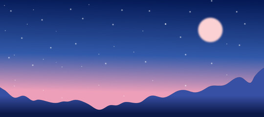 full moon in starry night sky and mountains view landscape,fantasy. vector illustration.