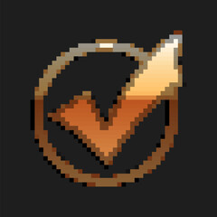 Poster - Gold Check mark in round icon isolated on black background. Check list button sign. Long shadow style. Vector.
