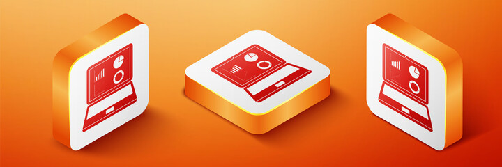 Poster - Isometric Laptop with graph chart icon isolated on orange background. Report text file icon. Accounting sign. Audit, analysis, planning. Orange square button. Vector.