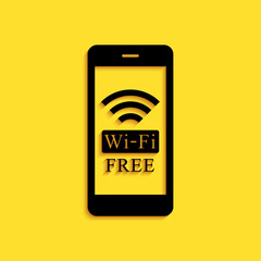 Poster - Black Smartphone with free wi-fi wireless connection icon isolated on yellow background. Wireless technology, wireless network, hotspot concept. Long shadow style. Vector.